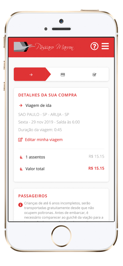 Pantalla de la aplicación móvil Passaro Marron que muestra los detalles de compra de boletos de autobús de Sao Paulo a Aruja