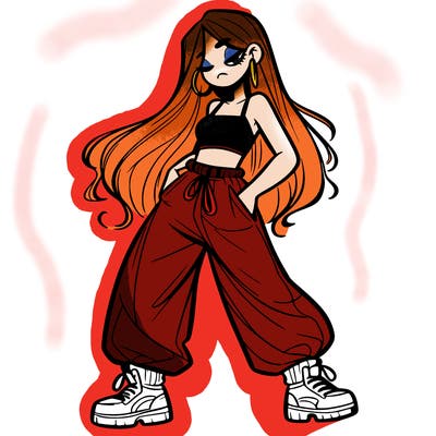 girl in baggy pants crop top and long hair