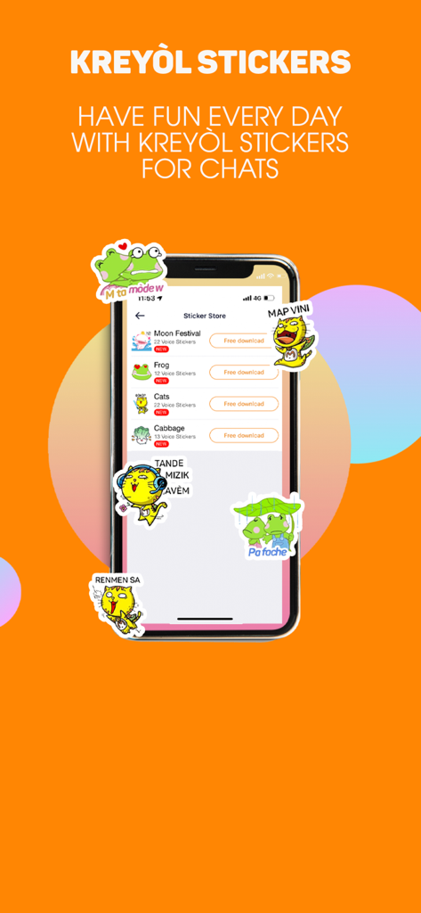 My Natcom – Your Digital Hub - A smartphone displaying the My Natcom sticker store with Haitian Kreyòl stickers for messaging.