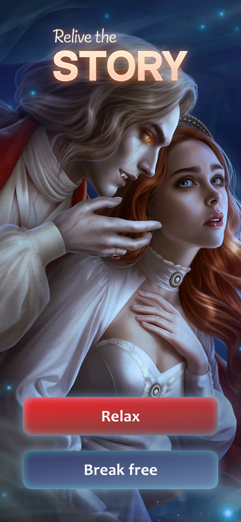 League of Dreamers - My Story - A supernatural man whispers to a woman in an interactive visual novel scene with choice buttons Relax and Break free.
