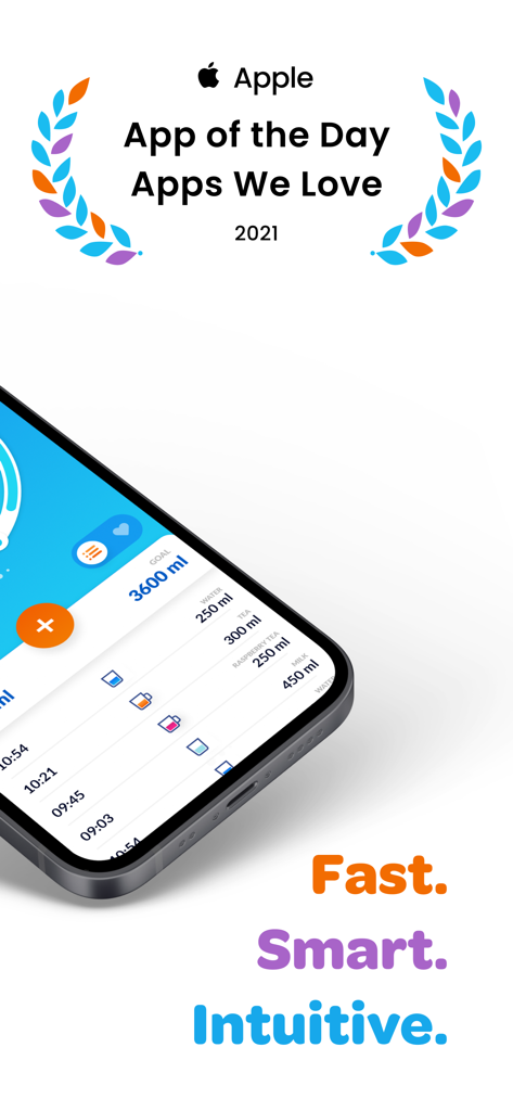 Waterful® Drink water tracker - Waterful app interface on a smartphone screen showing daily water intake goal and logged drinks like tea and milk.