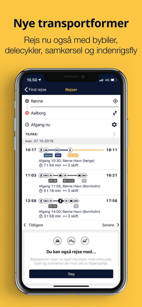 Rejseplanen - Interface d'application mobile de Rejseplanen montrant les options de voyage entre Ronne et Aalborg au Danemark