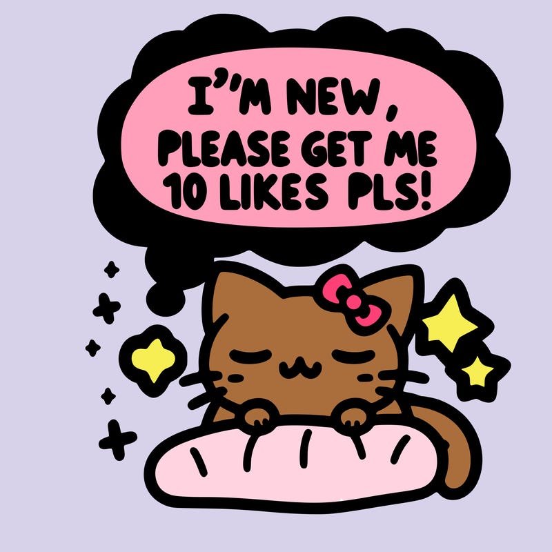 kitty taking a nap dream talking and saying "i'm new, please get me at least 10 likes pls!!"