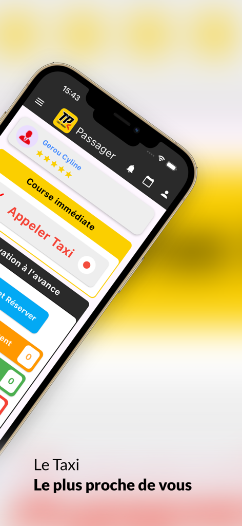 Taxi Proxi : Commander course - Taxi Proxi app interface on a smartphone showing immediate ride and advance booking options