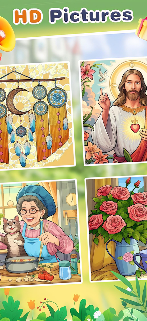 Exhibición de diseños para colorear de alta definición que incluyen temas florales, religiosos y de estilo de vida.