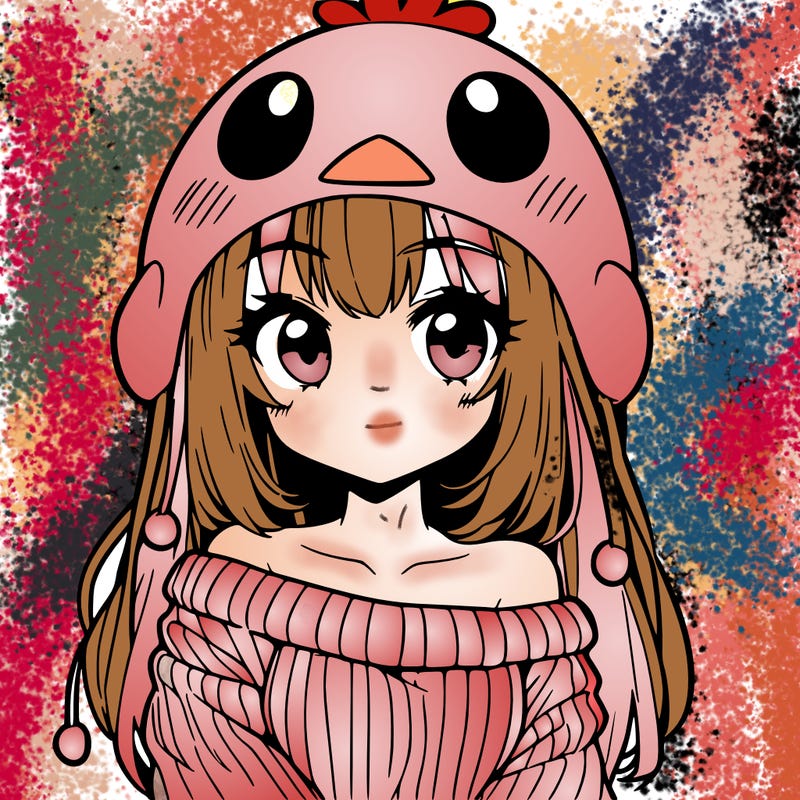 anime girl with chick shaped hat with sweater with bare shoulders with bangs covering them one eye with low tail
