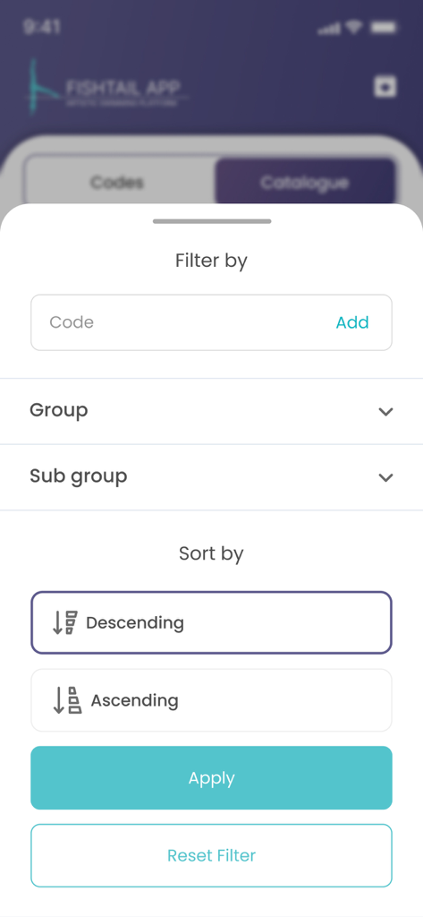 Fishtail App - Filter and sort menu for searching artistic swimming codes in the Fishtail App