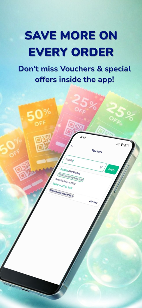 Markaz: Online Shopping & Earn - 모바일 앱 인터페이스, 모든 주문에 대한 할인 코드 및 바우처 표시