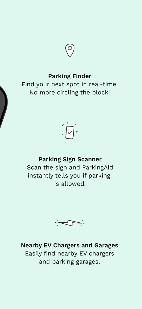 ParkingAid: Park Smarter - Infographic showing ParkingAid features including parking finder sign scanner and EV charger locator