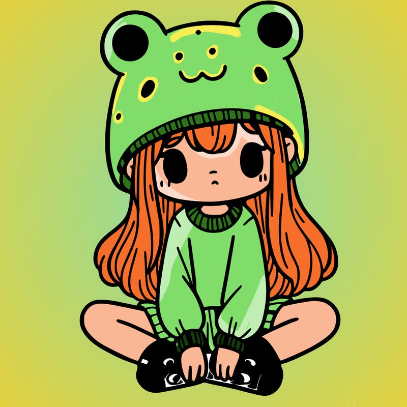 a girl wearing a frog hat and some frog socks