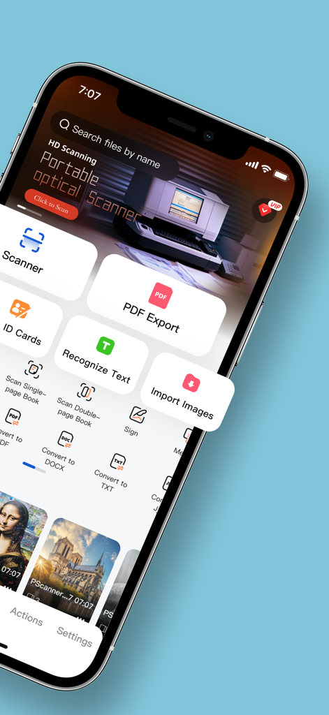 pScanner:PDF Document Scanner - Dashboard of the pScanner mobile app showing scanning, OCR, and PDF export tools.