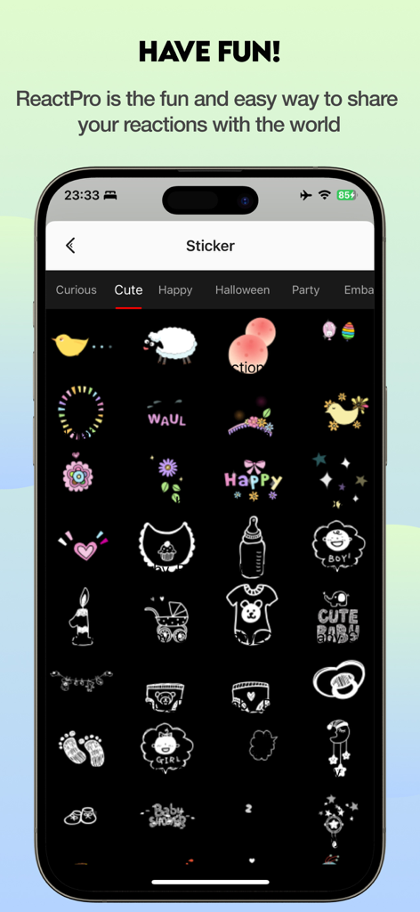 Video Reaction Maker Face Edit - A screen showing various cute stickers and icons available for video editing in the Video Reaction Maker app