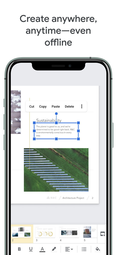 Google Slides mobile app showing a sustainability presentation being edited on an iPhone
