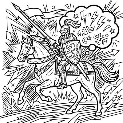 Charge into a world where medieval bravery meets modern pop art with this epic coloring page. A noble mounted knight, depicted in bold comic style, awaits your vibrant artistic touch.