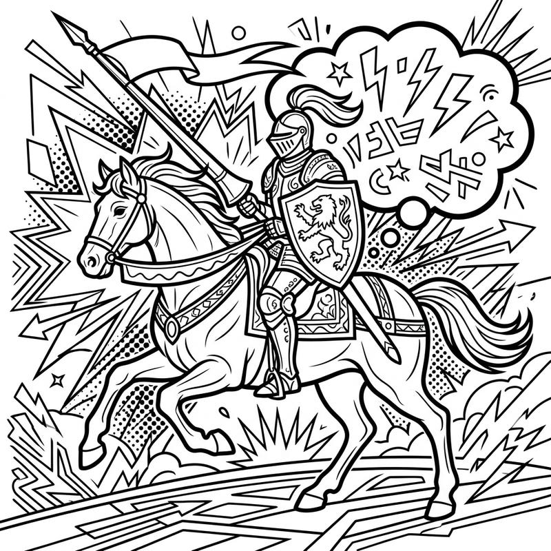Charge into a world where medieval bravery meets modern pop art with this epic coloring page. A noble mounted knight, depicted in bold comic style, awaits your vibrant artistic touch.