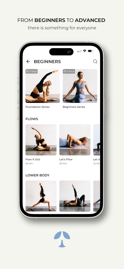 Blessed Yoga by Jen Morel - Screenshot of Blessed Yoga app showing beginner yoga series and various flow classes on an iPhone.