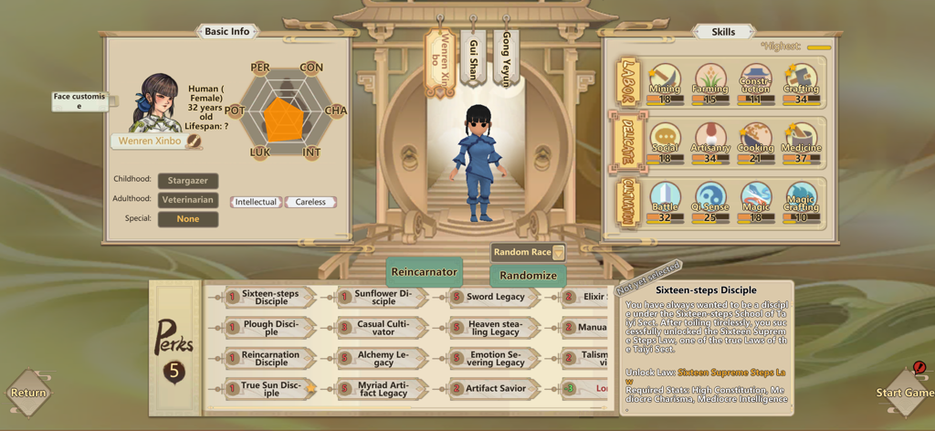 Disciple customization screen showing basic info, hexagonal attribute chart, and detailed skill levels for a character in Amazing Cultivation Simulator.