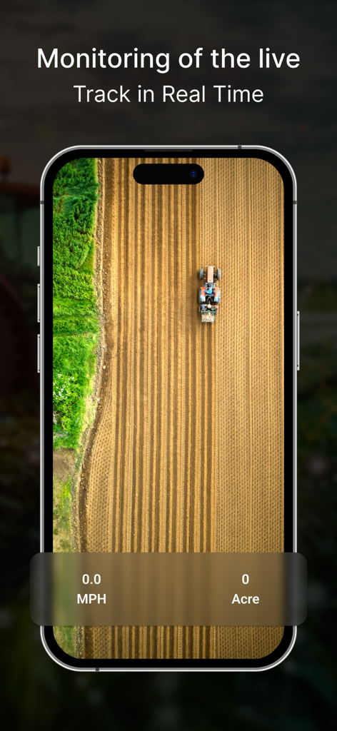Tractor Field Navigator GPS - A smartphone displaying a tractor navigating a field in real time with speed and acreage tracking
