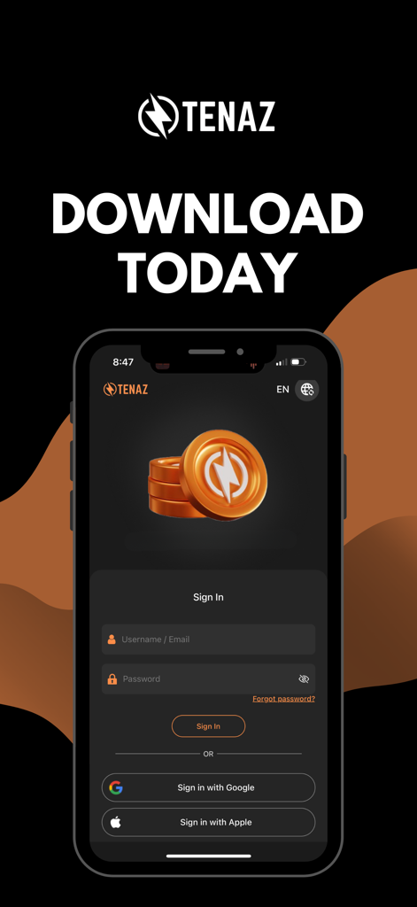 Tenaz - Tenazアプリのダウンロード画面、ログインオプションと報酬コインが表示されている