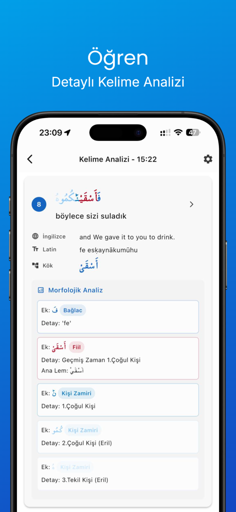 Kuran Analiz 2026 - Tela de smartphone do aplicativo Análise do Alcorão 2026 exibindo uma análise morfológica detalhada de uma palavra árabe do Alcorão.