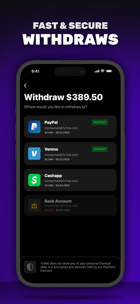 1v1Me app interface displaying fast and secure withdrawal options like PayPal and Venmo for esports staking