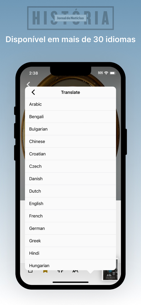 JN História - Interfaz de la aplicación JN Historia mostrando el menú de traducción de idiomas con varias opciones