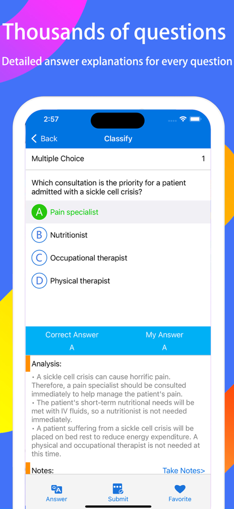 NCLEX RN Exam Expert - NCLEX RN mobile app screen showing a nursing practice question with a detailed answer explanation