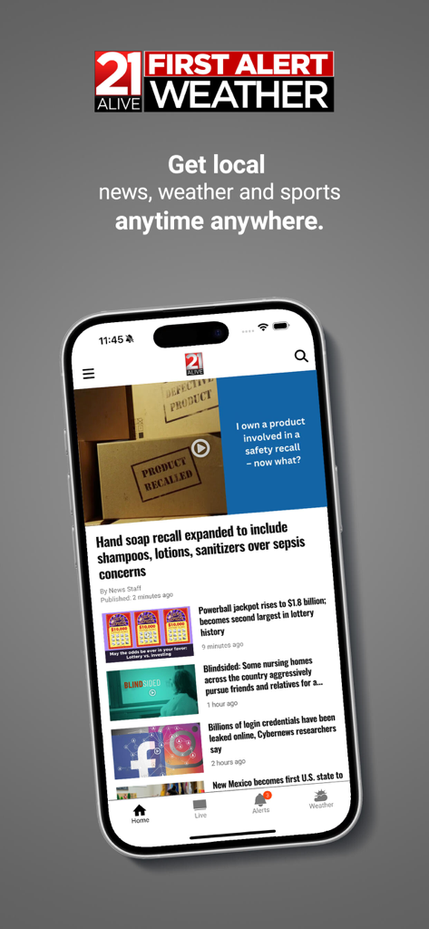 21Alive News - Application 21Alive News sur iPhone affichant les gros titres des nouvelles locales, la météo et les mises à jour sportives