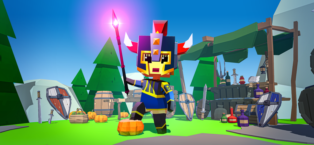 A blocky warrior character holding a glowing magic staff in a fantasy setting