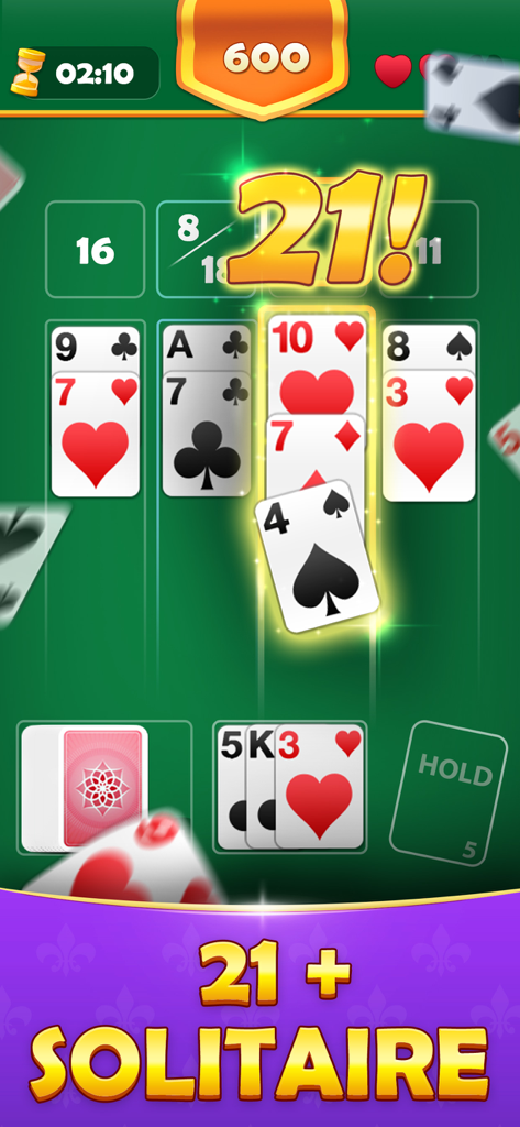 21 Solitaire: Cash Card Game - Gameplay interface of 21 Solitaire showing a successful stack of cards totaling twenty-one