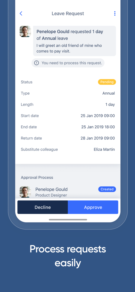 Interface showing a manager processing an employee leave request in the Kolay HR mobile app