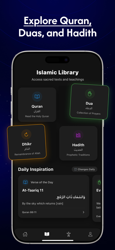 Huda: The App For Muslims - Interface of the Huda app showing the Islamic Library with Quran, Dua, Dhikr, and Hadith features.