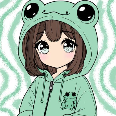 cute realistic girl in a froggy hoodie