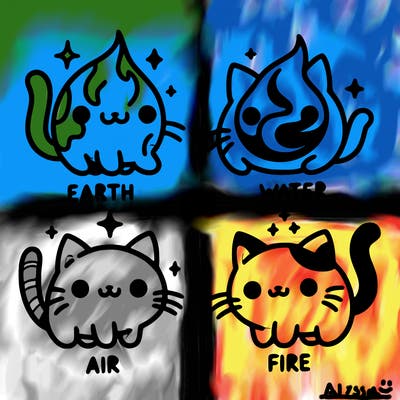 4 cats that represent the different elements, earth, water, air, and fire