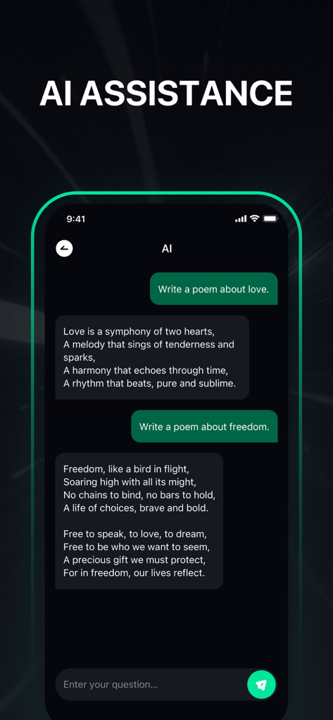 Chatify - AI Chat - Chatify AI chat interface showing creative writing responses for poems about love and freedom