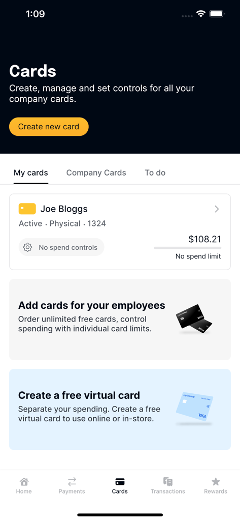 Capital on Tap dashboard for managing business credit cards and employee spending