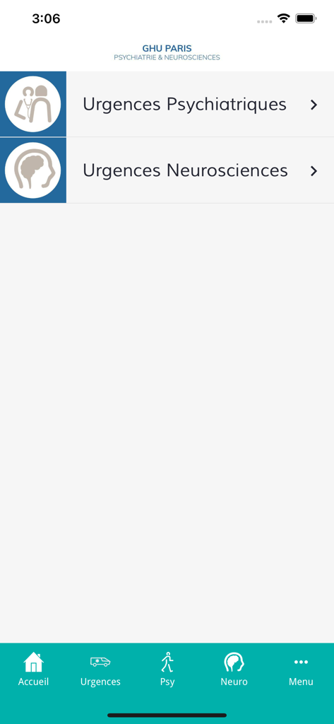 GHU Paris - Screenshot of the GHU Paris mobile app emergency services menu with options for psychiatric and neuroscience emergencies.