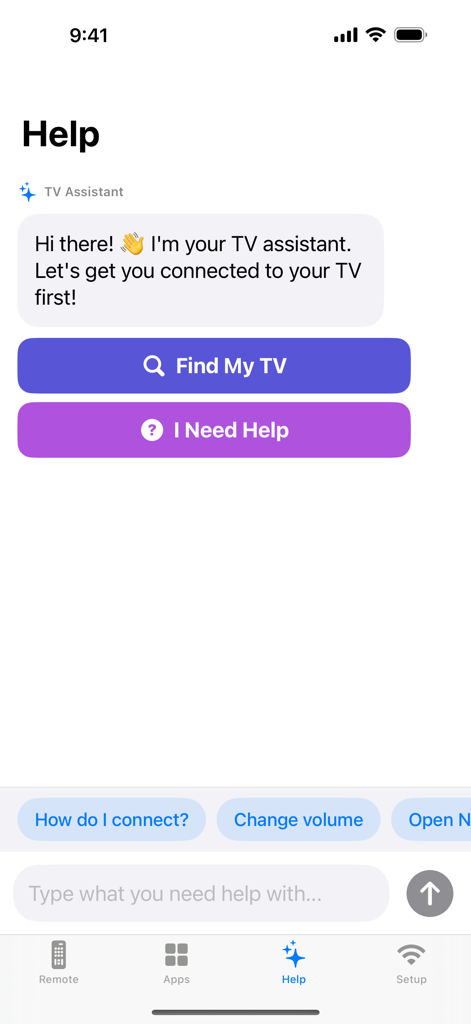 EasyTV - Samsung Remote - EasyTVアプリのヘルプ画面。テレビを見つけたりサポートを受けたりするためのボタンを備えた、フレンドリーなテレビアシスタントが表示されています。