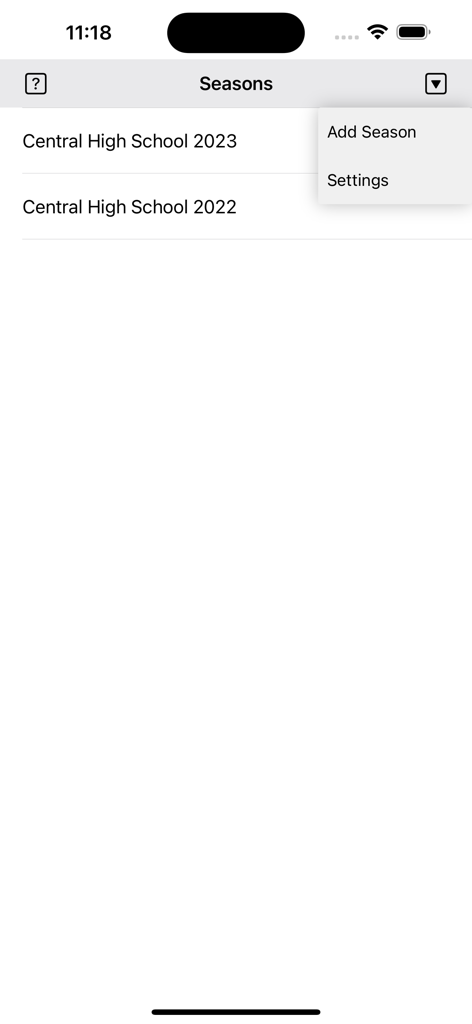 Ice Hockey Statistics - Elenco delle stagioni dell'app Statistiche sull'hockey su ghiaccio con opzioni di menu