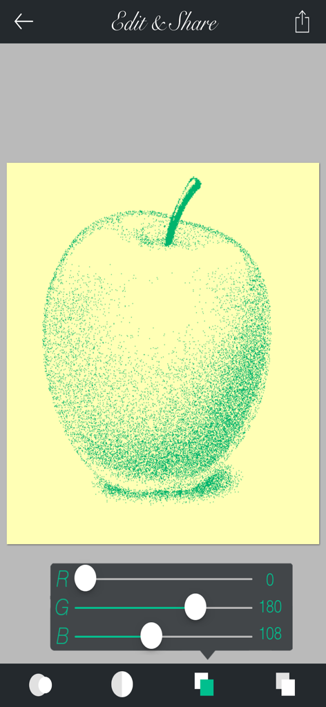 Pointillist - Interface of the Pointillist app showing a green apple illustration created with dots and color adjustment sliders