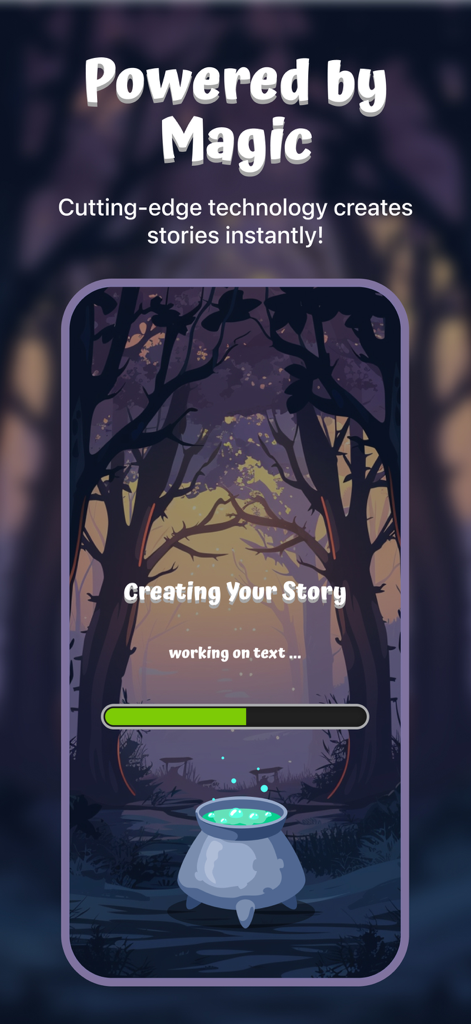 Whimsy Tales - Interface do aplicativo Whimsy Tales mostrando um caldeirão mágico e uma barra de carregamento para criar uma história personalizada