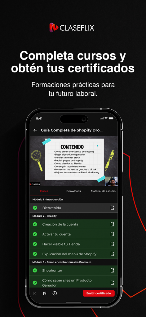 Claseflix - Cursos En Línea - Interfaccia dell'app Claseflix che mostra un elenco di moduli del corso Shopify con monitoraggio dei progressi e un pulsante per rilasciare un certificato