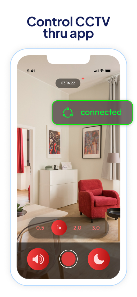 Interface de l'application de caméra de sécurité Cam V360 montrant la surveillance en direct de la maison et les commandes de vidéosurveillance.