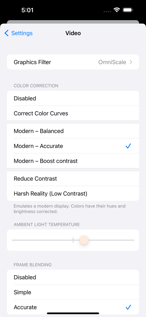 SameBoy video settings screen showing color correction and frame blending options
