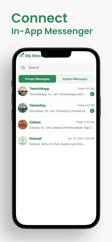 TennisGO HK - Captura de pantalla de la interfaz del mensajero dentro de la app TennisGO HK que muestra una lista de mensajes privados de diferentes jugadores de tenis.