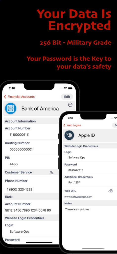 ID Lock - Secure Data Manager - ID Lock app showing encrypted financial and web login data with military grade encryption