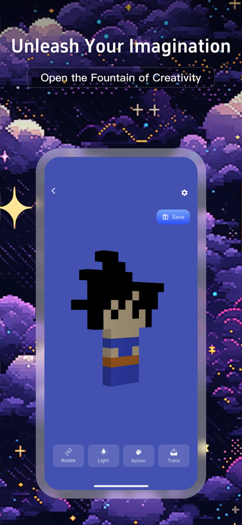 A 3D pixel art character displayed within the Pixel3D app interface