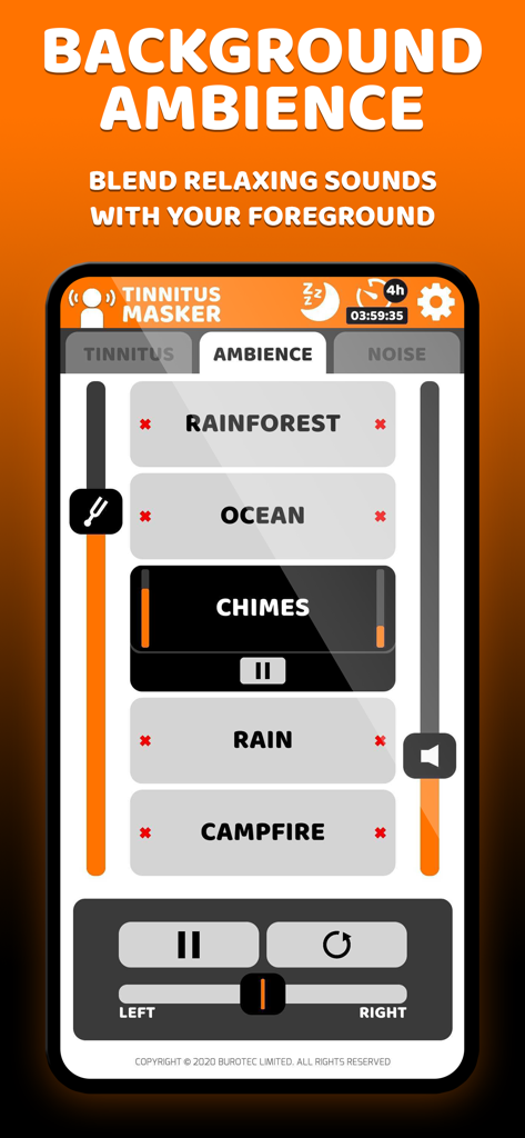 Interface of the Tinnitus Masker app showing background ambience sound options including rainforest ocean and rain