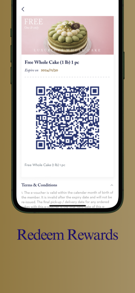 COVA HK - A COVA HK app screen displaying a free whole cake voucher and a QR code