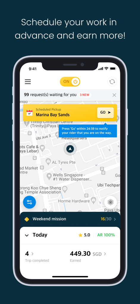 TADA Driver app interface showing scheduled ride requests and driver earnings dashboard